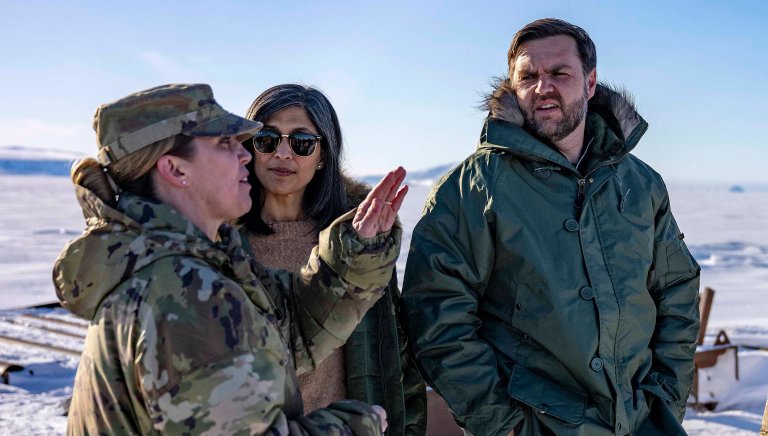 PITUFFIK, GREENLAND - MARCH 28: US Vice President JD Vance (2nd-R) and second lady Usha Vance (2nd-L) tour the US military's Pituffik Space Base on March 28, 2025 in Pituffik, Greenland. The visit is viewed by Copenhagen and Nuuk as a provocation amid President Donald Trump's bid to annex the strategically-placed, resource-rich Danish territory. (Photo by Jim Watson - Pool/Getty Images)